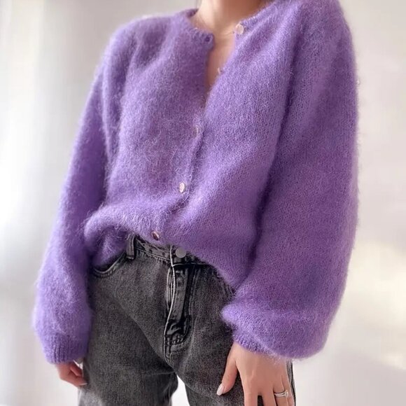 Purple Reversible Lightweight Cardigan Pullower Sweater Wool Blend - Picture 3 of 5